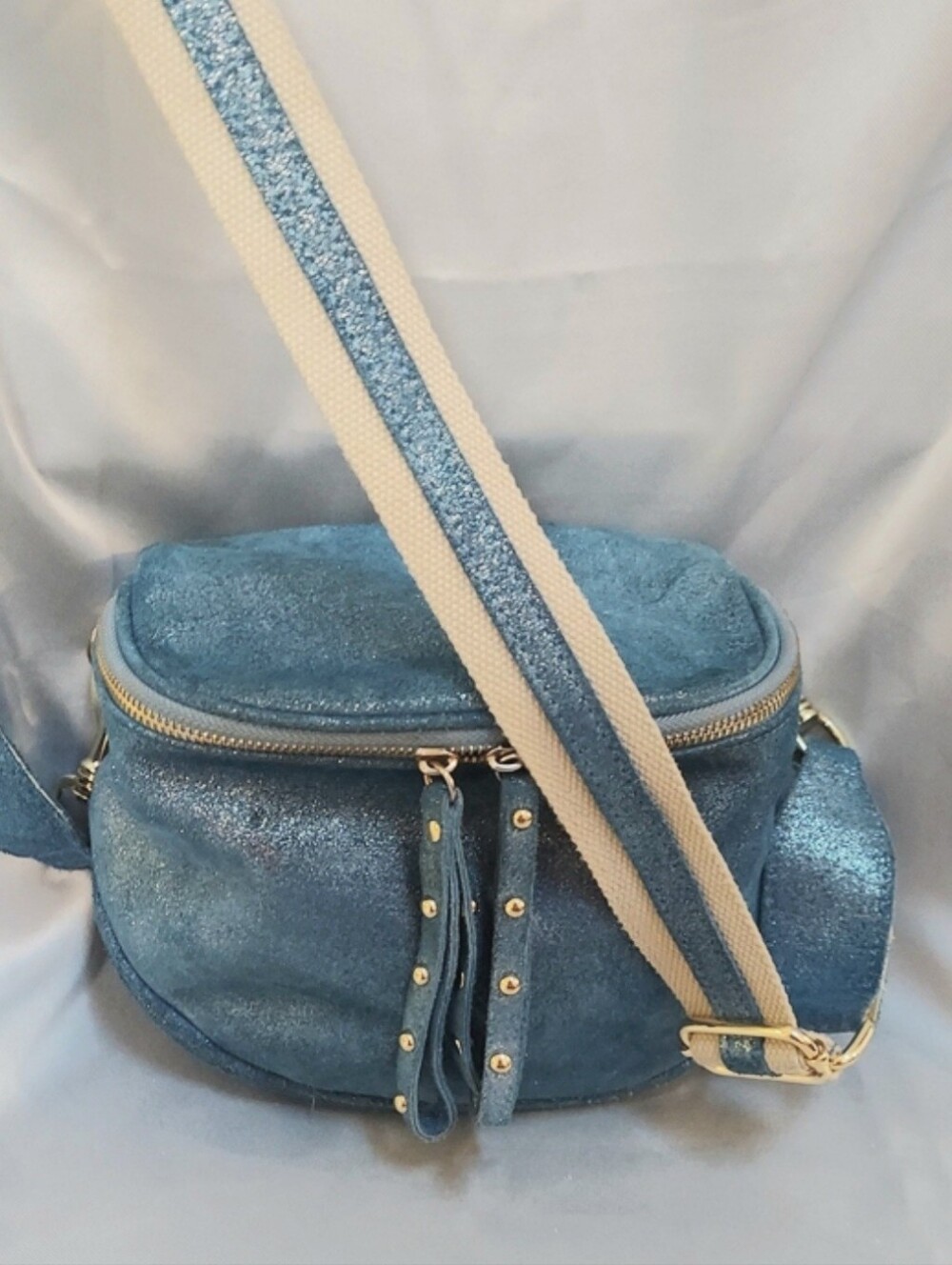 Marlon Firenze Bag, Metallic Teal Blue, Leather, Semi-Round Crossbody